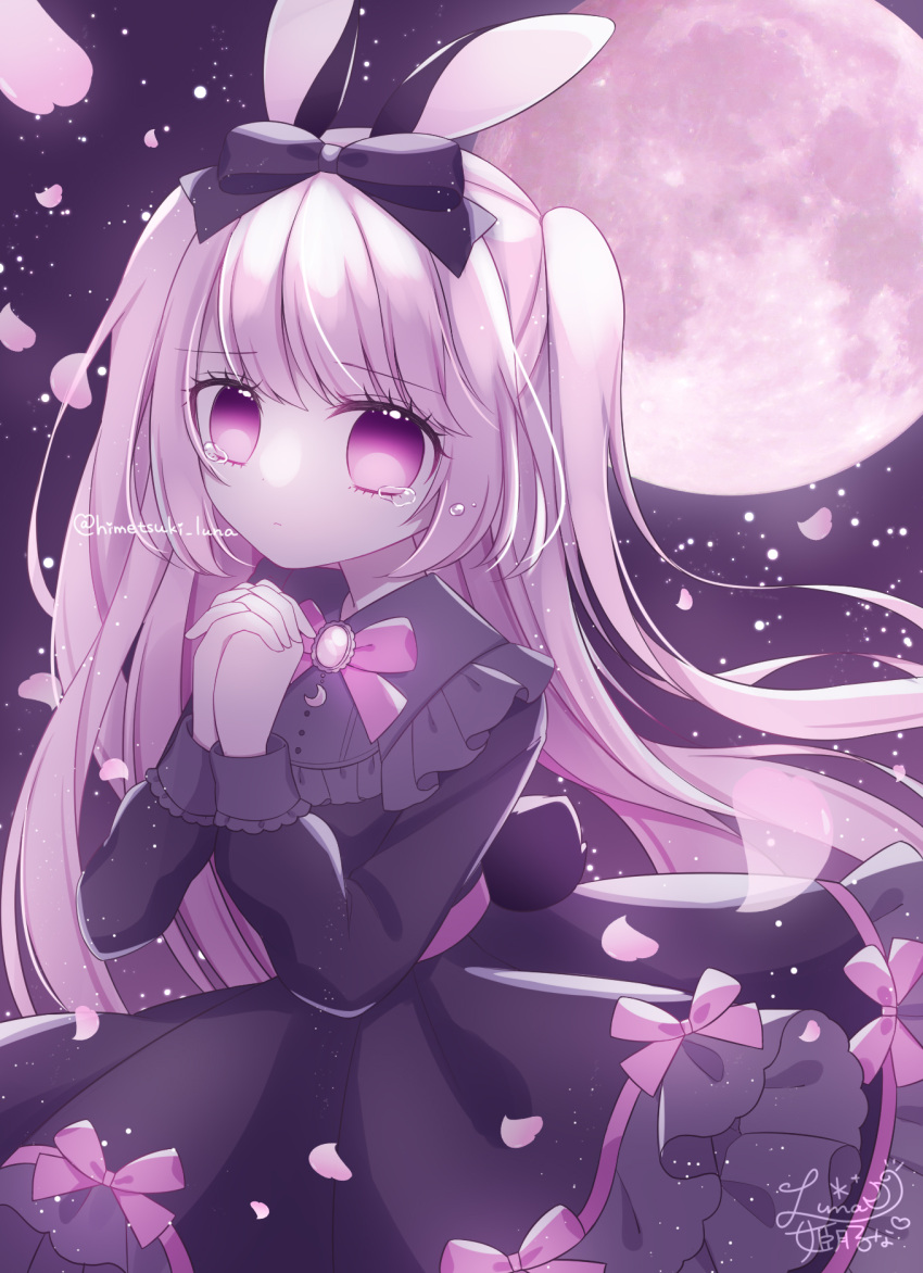1girl animal_ears black_bow black_dress bow commentary_request dress frilled_dress frills full_moon hair_bow highres himetsuki_luna interlocked_fingers long_hair long_sleeves looking_at_viewer moon original own_hands_clasped own_hands_together petals pink_bow pink_hair puffy_long_sleeves puffy_sleeves rabbit_ears rabbit_girl rabbit_tail signature solo tail tears twitter_username two_side_up very_long_hair violet_eyes