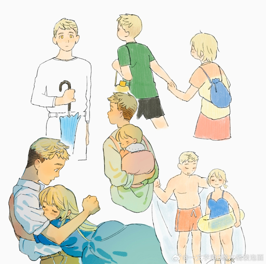 1boy 1girl aged_down baby black_pants blonde_hair blue_bag blue_dress blue_one-piece_swimsuit brother_and_sister carrying carrying_person child chinese_commentary closed_eyes closed_mouth commentary_request contemporary dress dungeon_meshi falin_touden green_shirt hand_up highres holding holding_hands holding_towel holding_umbrella hug innertube laios_touden long_hair long_sleeves looking_at_viewer male_swimwear mingdamitang one-piece_swimsuit orange_male_swimwear pants shirt short_hair short_sleeves siblings simple_background swim_ring swim_trunks swimsuit t-shirt towel umbrella undercut very_short_hair weibo_watermark white_background white_pants white_shirt yellow_eyes yellow_innertube yellow_shirt