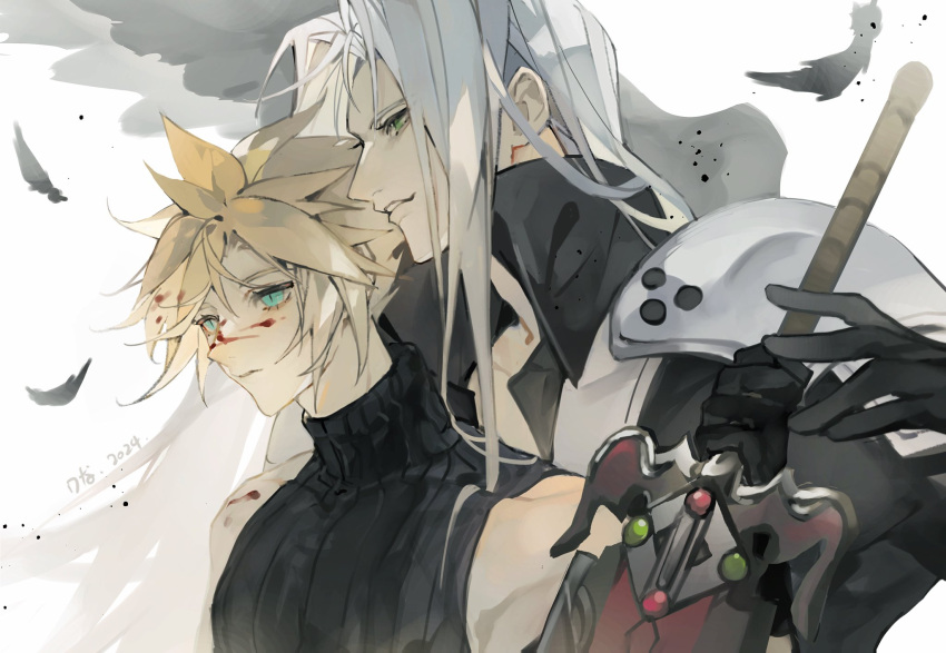 2boys alternate_eye_color arm_up armor black_coat black_feathers black_gloves black_sweater black_wings blonde_hair blood blood_in_hair blood_on_face cloud_strife coat commentary falling_feathers feathered_wings feathers final_fantasy final_fantasy_vii final_fantasy_vii_rebirth final_fantasy_vii_remake from_side gloves green_eyes grey_hair hand_up high_collar highres holding holding_sword holding_weapon long_bangs long_hair male_focus multiple_boys open_clothes open_coat parted_bangs parted_lips pauldrons ryona_kuma sephiroth short_hair shoulder_armor signature single_wing sleeveless sleeveless_sweater sleeveless_turtleneck slit_pupils smile spiky_hair sweater sword turtleneck turtleneck_sweater upper_body weapon white_background wings
