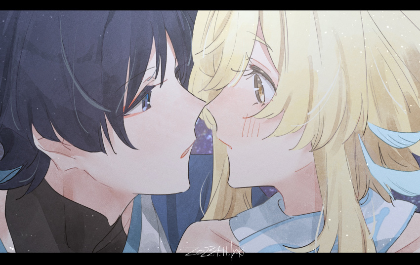 1boy 1girl black_hair blonde_hair blush couple from_side genshin_impact hetero highres hoht_yeah imminent_kiss lumine_(genshin_impact) open_mouth scaramouche_(genshin_impact) scarf short_hair upper_body yellow_eyes