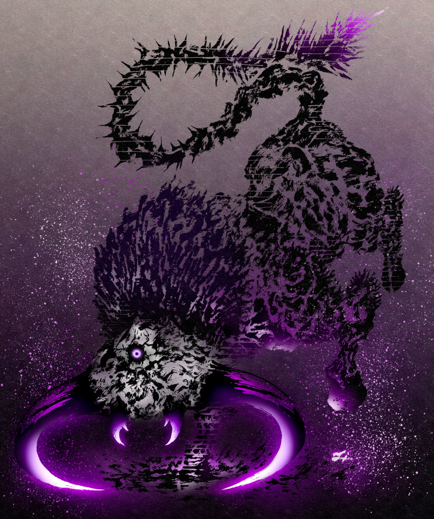 absurdres deadpool_yuchan elden_ring fallingstar_beast full_body glowing glowing_eye gradient_background highres hooves light_particles mandibles monster monster_focus no_humans one-eyed purple_theme signature solo spiked_tail sumi-e tail violet_eyes