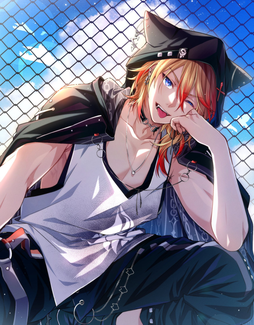axel_syrios axel_syrios_(2nd_costume) blonde_hair blue_eyes blue_sky chain chain-link_fence clouds collarbone commentary ear_piercing earrings fence hair_between_eyes half-closed_eye highres holostars holostars_english hood hood_up jacket jacket_on_shoulders jewelry light_particles long_hair looking_at_viewer male_focus multicolored_hair multiple_earrings opal_(opalkuji) open_clothes open_jacket open_mouth piercing redhead sky smile solo squatting streaked_hair symbol-only_commentary tank_top teeth thigh_strap tongue tongue_out two-tone_hair virtual_youtuber white_tank_top
