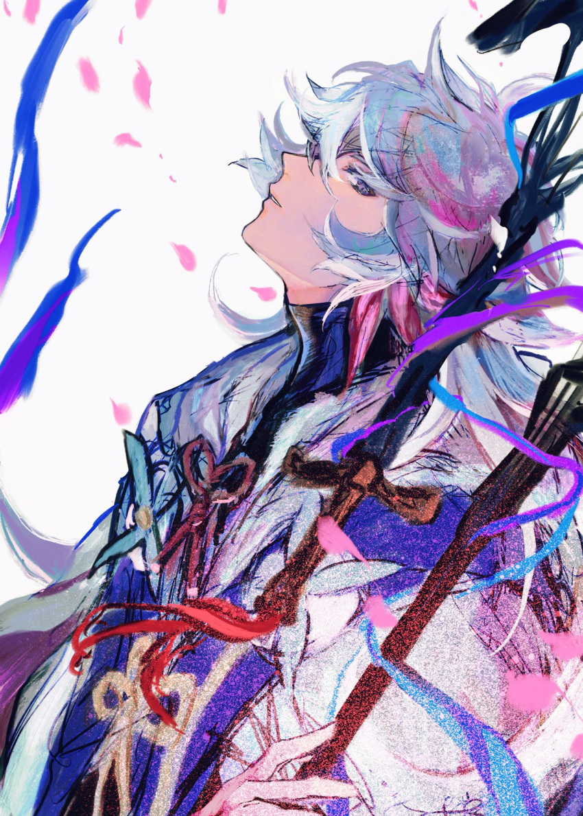 1boy falling_petals fate/grand_order fate_(series) flower_knot highres holding holding_staff looking_at_viewer male_focus merlin_(fate) parted_lips petals robe sangzhujun simple_background solo staff upper_body violet_eyes white_background white_hair white_robe