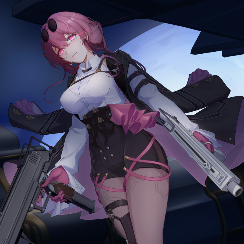 1girl absurdres bear_minstrel black_jacket black_shorts boots breasts chinese_commentary collared_shirt commentary_request cowboy_shot dual_wielding earrings eye_trail eyewear_on_head gloves glowing glowing_eyes gun high-waist_shorts highres holding holding_gun holding_weapon honkai:_star_rail honkai_(series) jacket jewelry kafka_(honkai:_star_rail) large_breasts light_trail mac-10/11 open_clothes open_jacket pantyhose pantyhose_under_shorts pince-nez purple_gloves purple_hair purple_pantyhose round_eyewear shirt shorts single_thigh_boot smile solo spider_web_print standing submachine_gun sunglasses thigh_boots violet_eyes weapon white_shirt