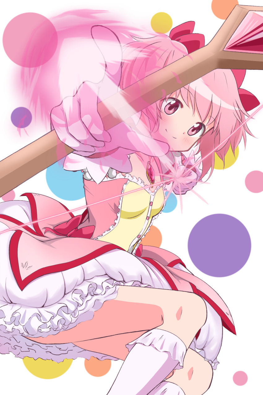 1girl aiming bow bow_(weapon) bubble_skirt buttons chest_jewel closed_mouth drawing_bow dress energy_arrow frilled_dress frills gloves hair_bow highres holding holding_bow_(weapon) holding_weapon kaname_madoka light_blush looking_at_viewer magical_girl mahou_shoujo_madoka_magica pink_dress pink_eyes pink_gemstone pink_hair short_twintails skirt smile solo square_neckline thigh-highs tusz7572 twintails weapon white_background white_gloves white_skirt white_thighhighs