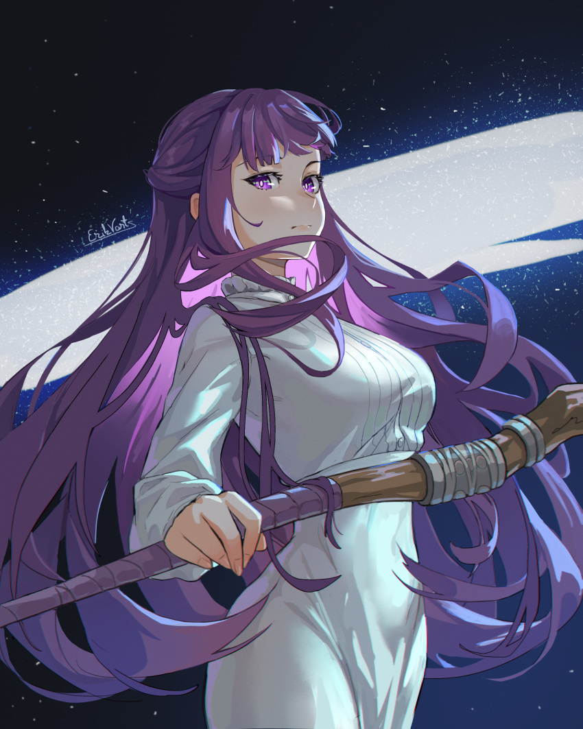 1girl absurdres blunt_bangs breasts closed_mouth dress erik_varts fern_(sousou_no_frieren) fighting_stance highres holding holding_staff long_hair long_sleeves looking_at_viewer mage_staff medium_breasts night night_sky purple_hair serious sidelocks sky solo sousou_no_frieren staff star_(sky) starry_sky straight_hair very_long_hair violet_eyes white_dress