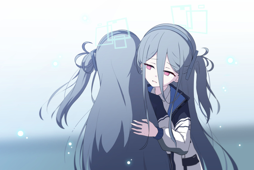 &lt;key&gt;_(blue_archive) 2girls absurdly_long_hair absurdres aqua_halo aris_(blue_archive) black_hair black_hairband blue_archive blue_necktie collared_shirt gradient_background grey_background grey_hair hairband halo highres hug jacket kiroshi long_hair long_sleeves multiple_girls necktie one_side_up open_mouth red_eyes sad shirt upper_body very_long_hair white_background white_jacket white_shirt