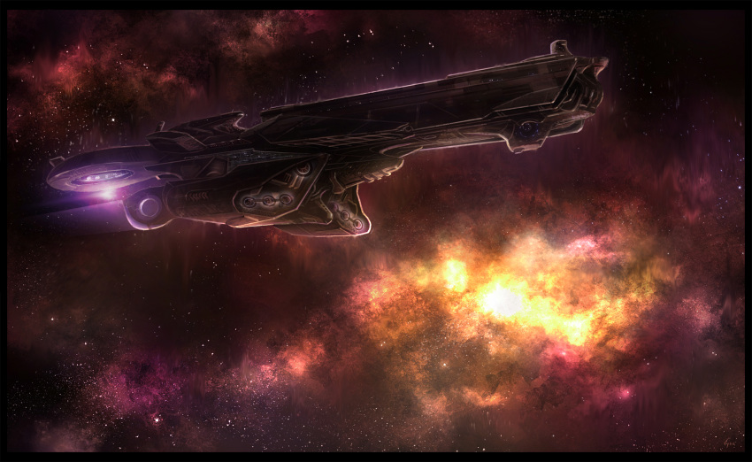 battlecruiser_(eve_online) black_border blueroguevyse border commentary concept_art eve_online flying from_side glowing highres military_vehicle nebula no_humans original outdoors science_fiction space spacecraft starry_background vehicle_focus