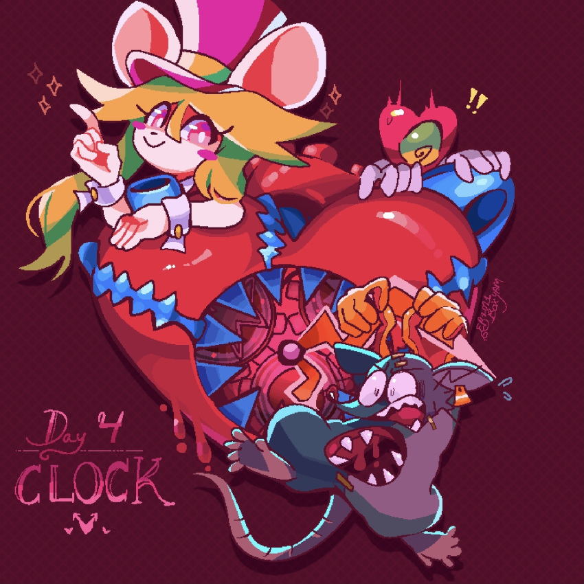 ! !! 1girl 2boys @_@ animal_ears blush_stickers boxyam buttoned_cuffs clock collar colored_sclera commentary dated ear_tag english_commentary english_text flying_sweatdrops gloves green_hair green_sclera hair_between_eyes hanging hat heart heart-shaped_clock heart_(mad_rat_dead) highres hole_in_chest hole_on_body index_finger_raised looking_down looking_to_the_side mad_rat_(mad_rat_dead) mad_rat_dead mouse mouse_ears mouse_girl mouse_tail multiple_boys one-eyed open_mouth orange_gloves rat_god_(mad_rat_dead) red_background red_eyes red_hat scared sidelocks signature simple_background smile stitches sweatdrop tail top_hat white_collar white_gloves white_wrist_cuffs wrist_cuffs