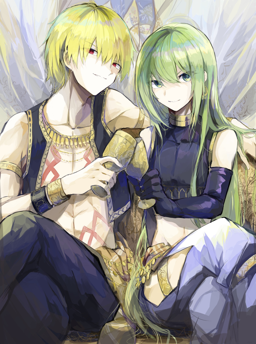 2boys absurdres bare_shoulders black_gloves black_tank_top black_vest blonde_hair blue_pants bracer closed_mouth collarbone crossed_legs cup earrings elbow_gloves enkidu_(fate) ezu_(e104mjd) fate/grand_order fate_(series) gilgamesh_(fate) gloves gold_bracelet gold_earrings gold_necklace green_eyes green_hair hair_between_eyes highres holding holding_cup jewelry long_hair looking_at_viewer male_focus multiple_boys navel neck_ring necklace open_clothes open_vest pants red_eyes short_hair sidelocks sitting smile tank_top v-shaped_eyebrows vest