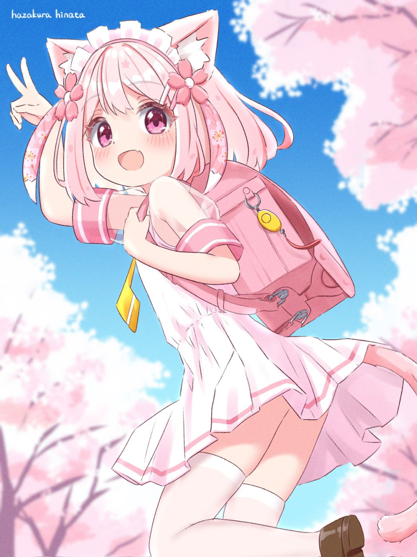 1girl animal_ear_fluff animal_ears arm_up artist_name backpack bag brown_footwear cat_ears cat_girl cat_tail cherry_blossoms crime_prevention_buzzer dress flower from_behind hair_flower hair_ornament hairclip hazakura_hinata highres leg_up looking_back maid_headdress open_mouth original outdoors pink_dress pink_eyes pink_hair pleated_dress randoseru school_uniform shoes short_hair short_sleeves smile solo standing standing_on_one_leg tail thigh-highs thighs tree v white_thighhighs