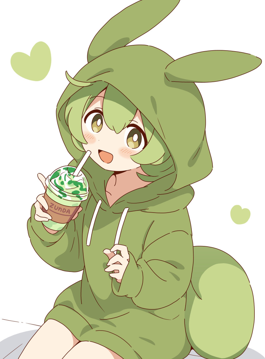 1girl absurdres animal_ears blush brown_eyes cup disposable_cup drink drinking_straw fake_animal_ears fake_tail green_hair heart highres holding holding_cup holding_drink hood hood_up hoodie long_sleeves looking_at_viewer open_mouth sitting smile solo tail voicevox zundamon zungurimukkuri_tarou