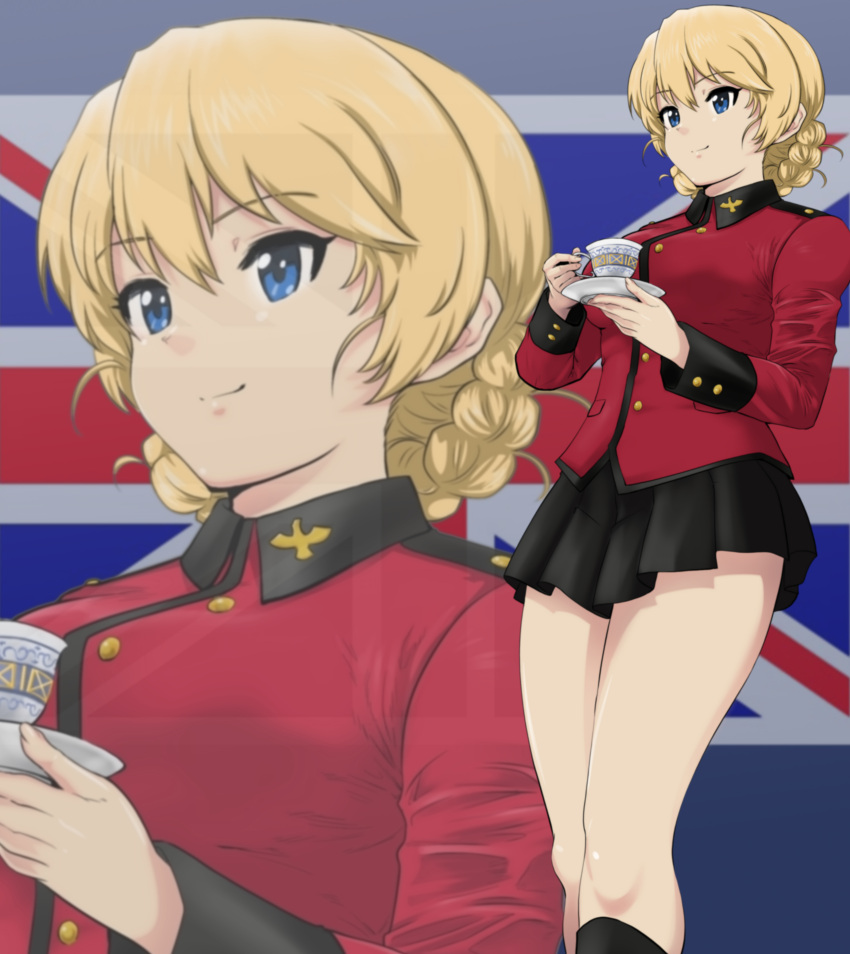 1girl absurdres black_footwear black_skirt blonde_hair blue_eyes boots braid closed_mouth commentary_request cup darjeeling_(girls_und_panzer) flag_background girls_und_panzer highres holding holding_cup holding_saucer jacket knee_boots long_sleeves looking_to_the_side military_uniform miniskirt partial_commentary pleated_skirt red_jacket saucer short_hair skirt smile solo st._gloriana's_military_uniform standing teacup twin_braids uniform union_jack yoyokkun zoom_layer