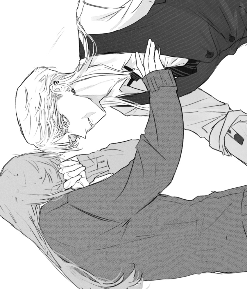 1boy 1girl arm_tattoo ear_piercing from_side greyscale hand_on_another's_chest highres long_hair long_sleeves looking_at_another male_focus monochrome necktie nyub parted_lips piercing sanzu_haruchiyo scar scar_on_face sleeves_rolled_up standing striped_clothes suit tattoo tokyo_revengers upper_body vest white_background wolf_cut
