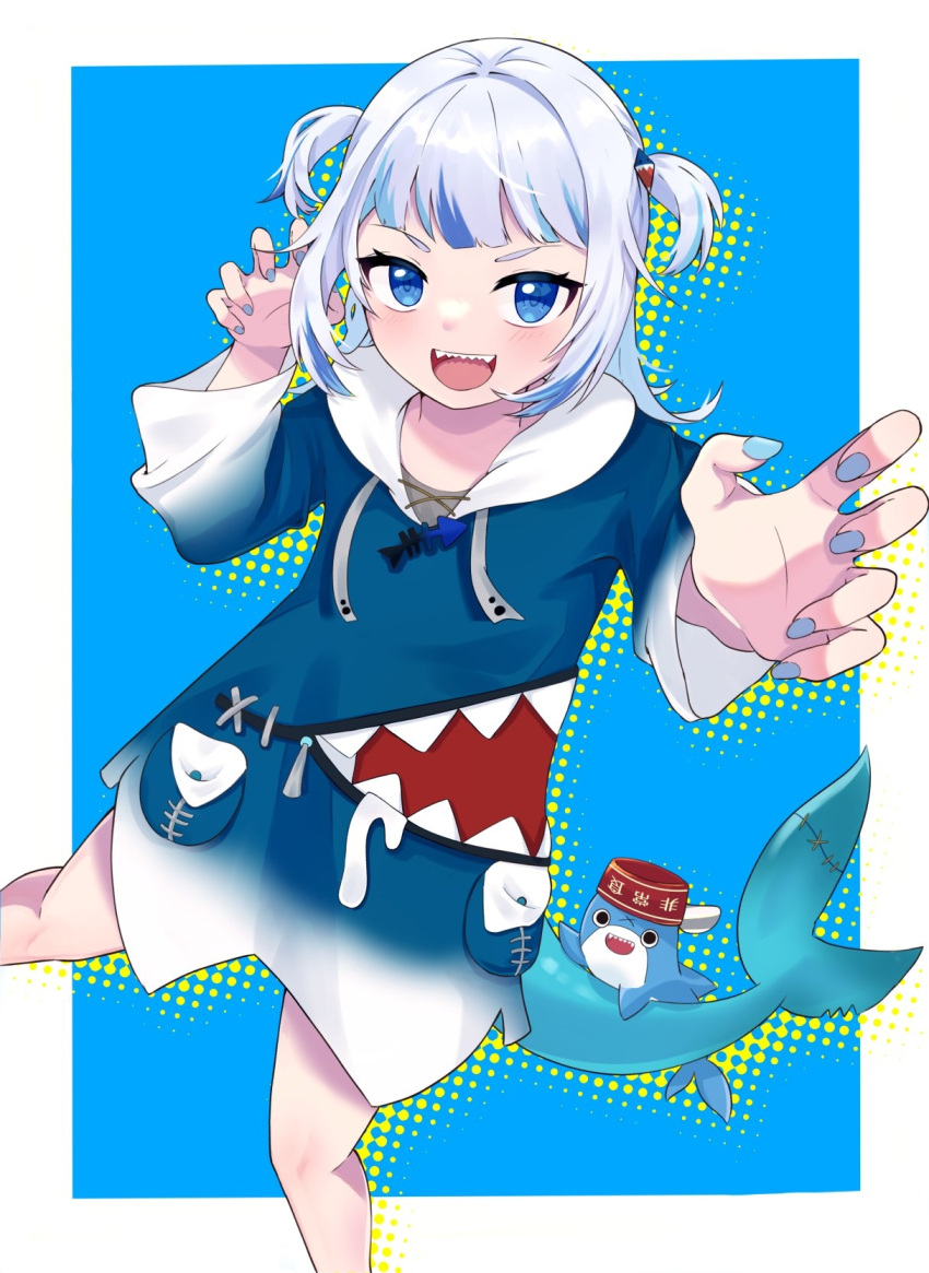 1girl :d bloop_(gawr_gura) blue_eyes blue_hair blue_hoodie blunt_bangs blush claw_pose commentary fins fish_tail gawr_gura gawr_gura_(1st_costume) gradient_sleeves grey_hair highres hololive hololive_english hood hoodie long_hair long_sleeves looking_at_viewer multicolored_hair no_pants open_mouth panko_(rlyrd1) shark_girl shark_tail sharp_teeth smile solo streaked_hair tail teeth two_side_up upper_teeth_only v-shaped_eyebrows virtual_youtuber wide_sleeves