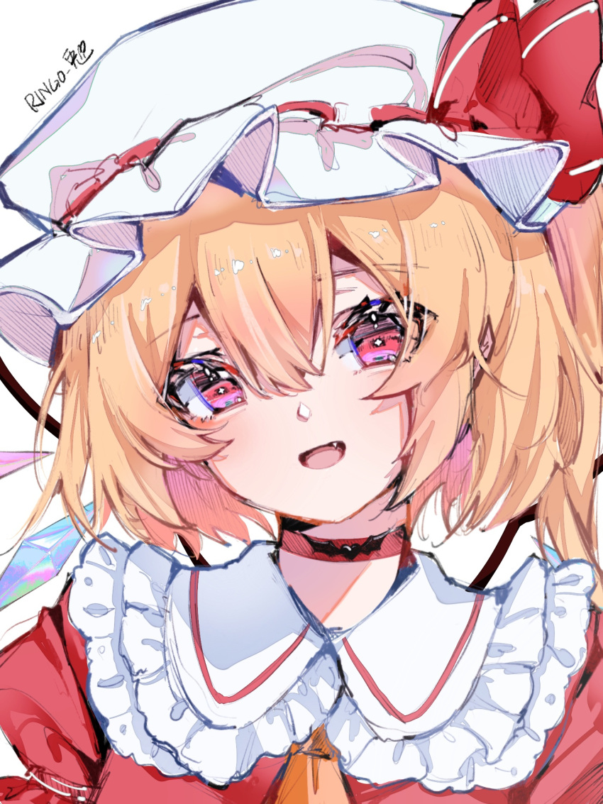 1girl ascot bat_wings blonde_hair crystal flandre_scarlet hat hat_ribbon highres mob_cap multicolored_wings one_side_up open_mouth puffy_short_sleeves puffy_sleeves red_eyes red_vest ribbon ringo_no_usagi_(artist) short_sleeves side_ponytail skirt skirt_set touhou vest white_hat wings yellow_ascot