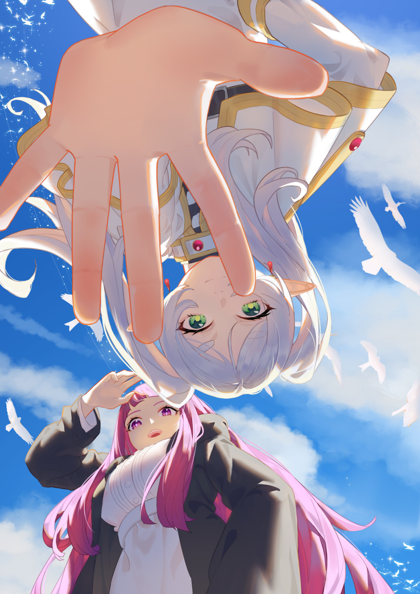 2girls :d absurdres backlighting bent_over bird black_cloak blue_sky blunt_bangs blurry capelet cloak clouds cloudy_sky commentary_request dangle_earrings depth_of_field dress earrings elf fern_(sousou_no_frieren) forehead frieren from_below green_eyes hand_focus hand_on_own_hip highres hood hooded_cloak jewelry long_hair long_sleeves looking_at_viewer looking_down multiple_girls outdoors parted_bangs pointy_ears purple_hair reaching reaching_towards_viewer salute sidelocks sky smile sousou_no_frieren suzi thick_eyebrows twintails variant_set violet_eyes white_capelet white_dress white_hair