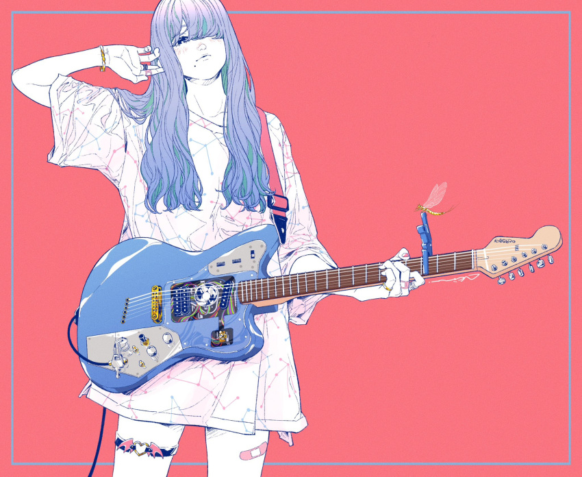 1girl akira_13go bandaid bandaid_on_hand bandaid_on_leg blue_hair bug colored_inner_hair colored_skin constellation_print electric_guitar gradient_hair green_hair guitar hair_over_one_eye hand_up highres holding holding_instrument instrument jewelry long_hair looking_at_viewer multicolored_hair original red_background red_nails ring shirt signature simple_background solo standing strap thigh_strap two-tone_hair white_shirt white_skin wide_sleeves