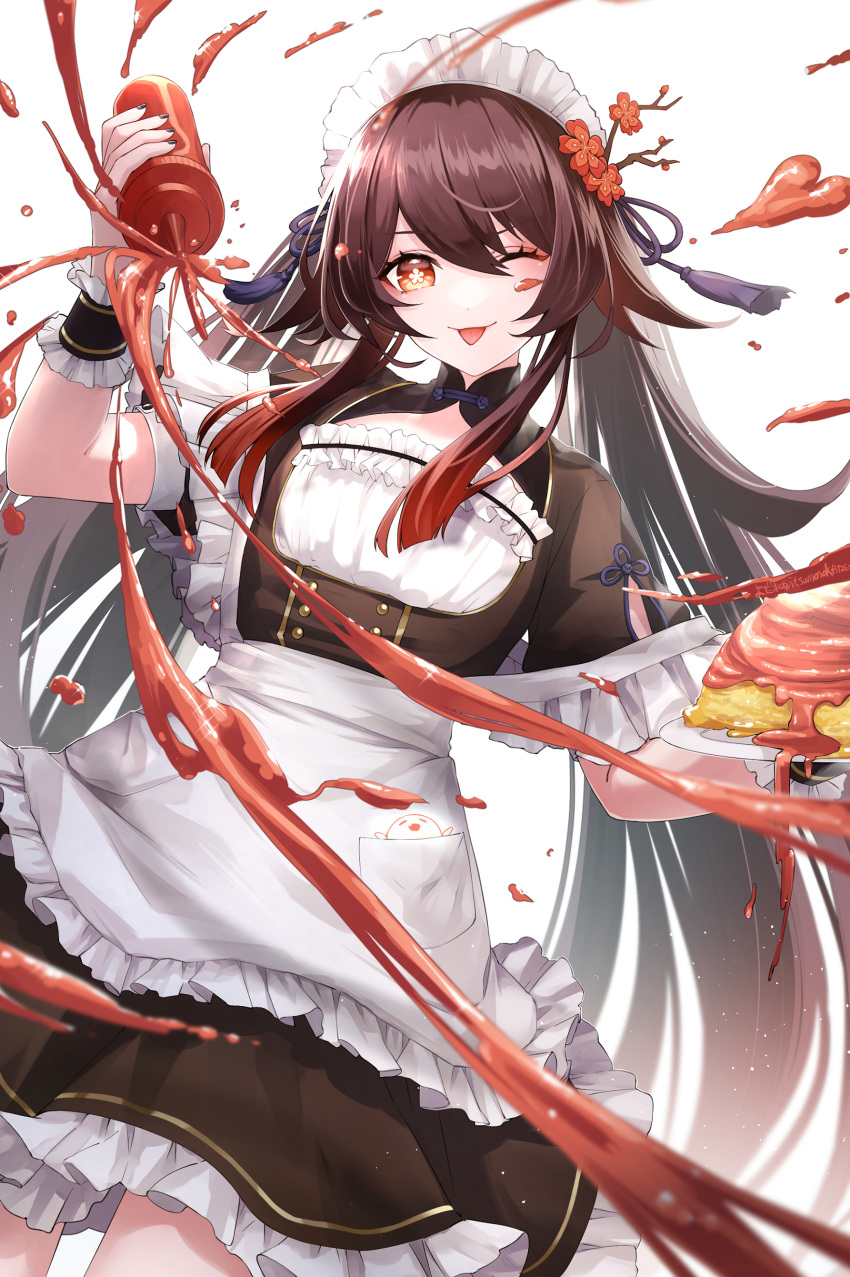 1girl ;p absurdres alternate_costume apron arm_up brown_hair dress enmaided flower flower-shaped_pupils food frilled_dress frills genshin_impact hair_between_eyes hair_flower hair_ornament highres holding holding_plate hu_tao_(genshin_impact) itsumono_katze ketchup ketchup_bottle long_hair looking_at_viewer maid maid_headdress omelet omurice one_eye_closed plate plum_blossoms pocket red_eyes short_sleeves simple_background smile solo symbol-shaped_pupils tongue tongue_out very_long_hair waist_apron white_apron white_background