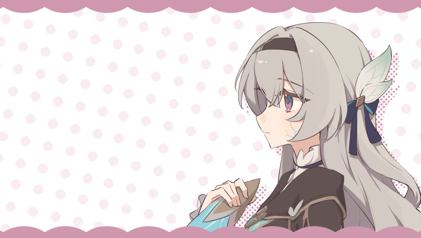 1girl black_hairband black_jacket collared_shirt cropped_jacket firefly_(honkai:_star_rail) grey_hair hair_between_eyes hair_ornament hairband highres honkai:_star_rail honkai_(series) jacket long_hair sad scar scar_on_cheek scar_on_face shirt two-tone_eyes upper_body wisteria-nya