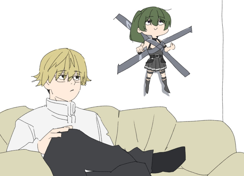 1boy 1girl black_dress black_pants blonde_hair bound closed_mouth couch crossed_legs dress duct_tape expressionless glasses green_hair kid_taped_to_wall_(meme) land_(sousou_no_frieren) meme on_couch pants perutore short_hair sitting smile sousou_no_frieren ubel_(sousou_no_frieren) violet_eyes
