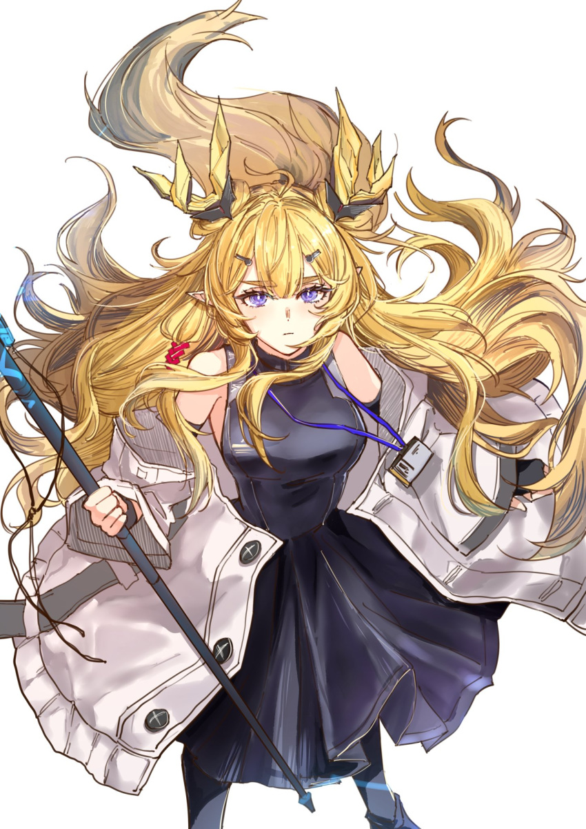 1girl arknights bare_shoulders black_dress black_gloves black_pantyhose blonde_hair blunt_bangs breasts closed_mouth commentary_request dress elbow_gloves fingerless_gloves from_above gloves grey_jacket hair_between_eyes hair_ornament hair_over_breasts hair_over_one_breast hair_over_shoulder hairpin half-closed_eyes highres holding holding_staff holding_weapon horns id_card jacket joul_0704 lanyard leizi_(arknights) light_blush long_hair long_sleeves looking_at_viewer medium_breasts off_shoulder pantyhose parted_bangs pointy_ears sidelocks simple_background sleeveless sleeveless_dress solo staff very_long_hair violet_eyes weapon white_background wide_sleeves