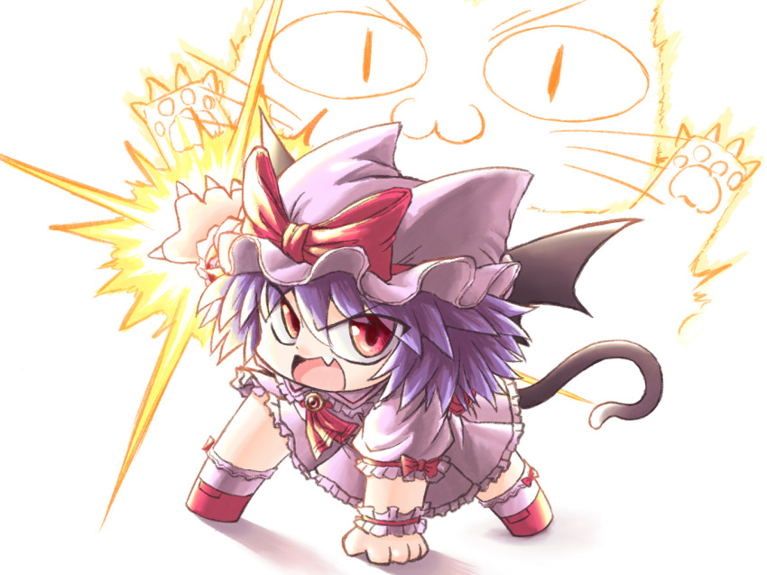 1girl animal_ears aokukou ascot bat_wings black_wings bow brooch cat_ears cat_girl chibi collared_dress commentary_request dress fang frilled_dress frilled_shirt_collar frills hat hat_bow jewelry kemonomimi_mode mob_cap open_mouth pink_dress pink_hat pleated_dress purple_hair red_ascot red_bow red_brooch red_eyes red_footwear remilia_scarlet short_hair skin_fang smile socks touhou v-shaped_eyebrows white_socks wings wrist_cuffs