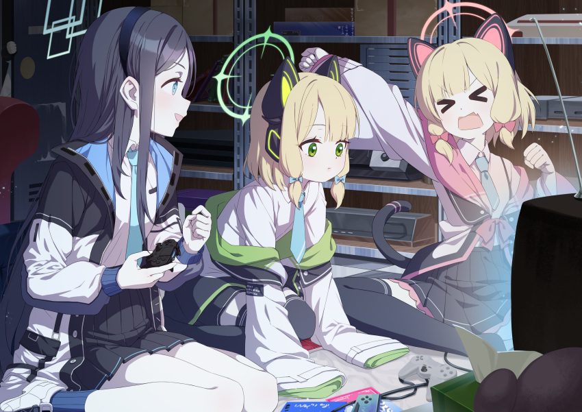 4girls absurdly_long_hair absurdres aris_(blue_archive) black_hair black_skirt black_thighhighs blonde_hair blue_archive blue_eyes blue_halo blue_necktie cat_tail closed_mouth collared_shirt controller fang game_controller game_development_department_(blue_archive) green_eyes green_halo halo highres holding holding_controller holding_game_controller indoors jacket long_hair long_sleeves midori_(blue_archive) momoi_(blue_archive) multiple_girls necktie open_mouth pink_halo pleated_skirt shirt shoes short_hair siblings sisters skin_fang skirt smile tail television thigh-highs twins very_long_hair white_footwear white_jacket white_shirt yuzu_(blue_archive) zhanzheng_zi