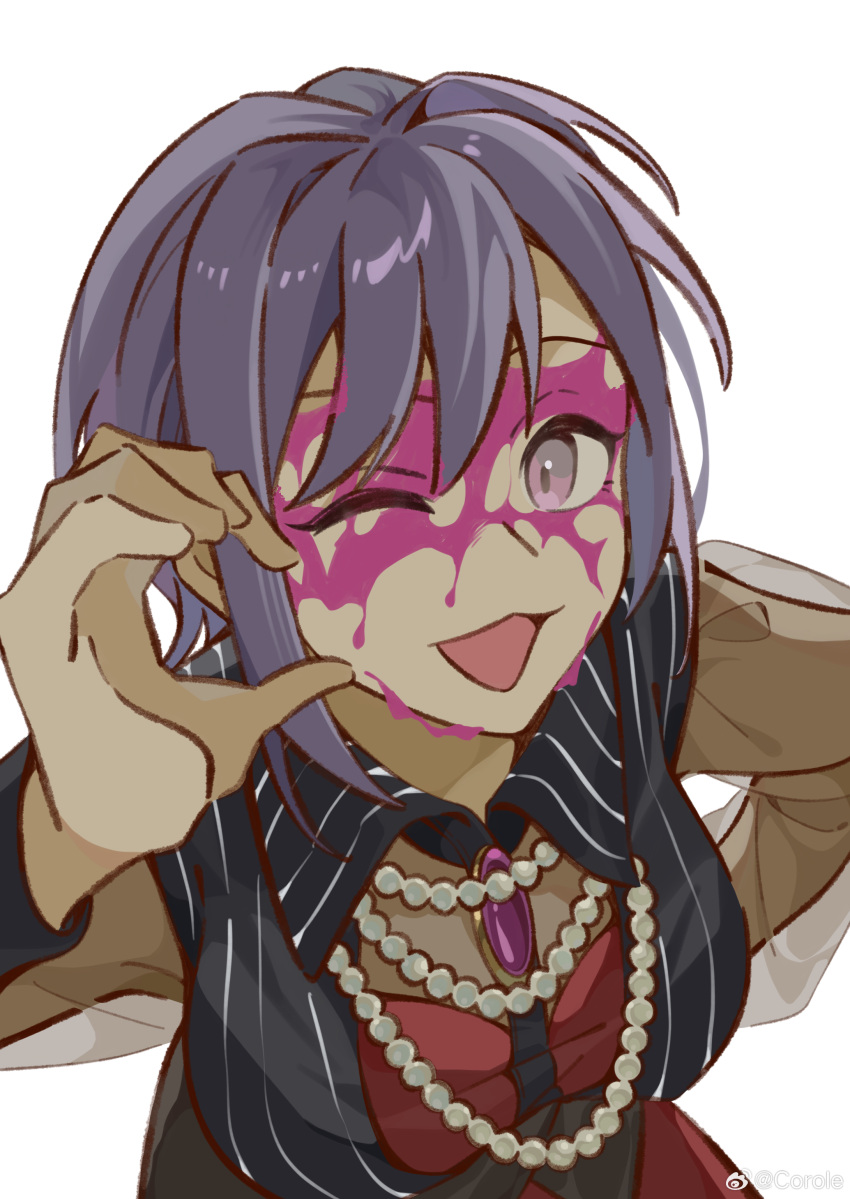 1girl :3 absurdres bang_dream! bang_dream!_it's_mygo!!!!! bead_necklace beads black_vest blood blood_on_face commentary half-heart_hands highres jewelry looking_at_viewer necklace one_eye_closed open_mouth purple_blood purple_brooch purple_hair see-through see-through_sleeves short_hair simple_background solo upper_body vest violet_eyes white_background yui_k_(yuik48074789) yuutenji_nyamu