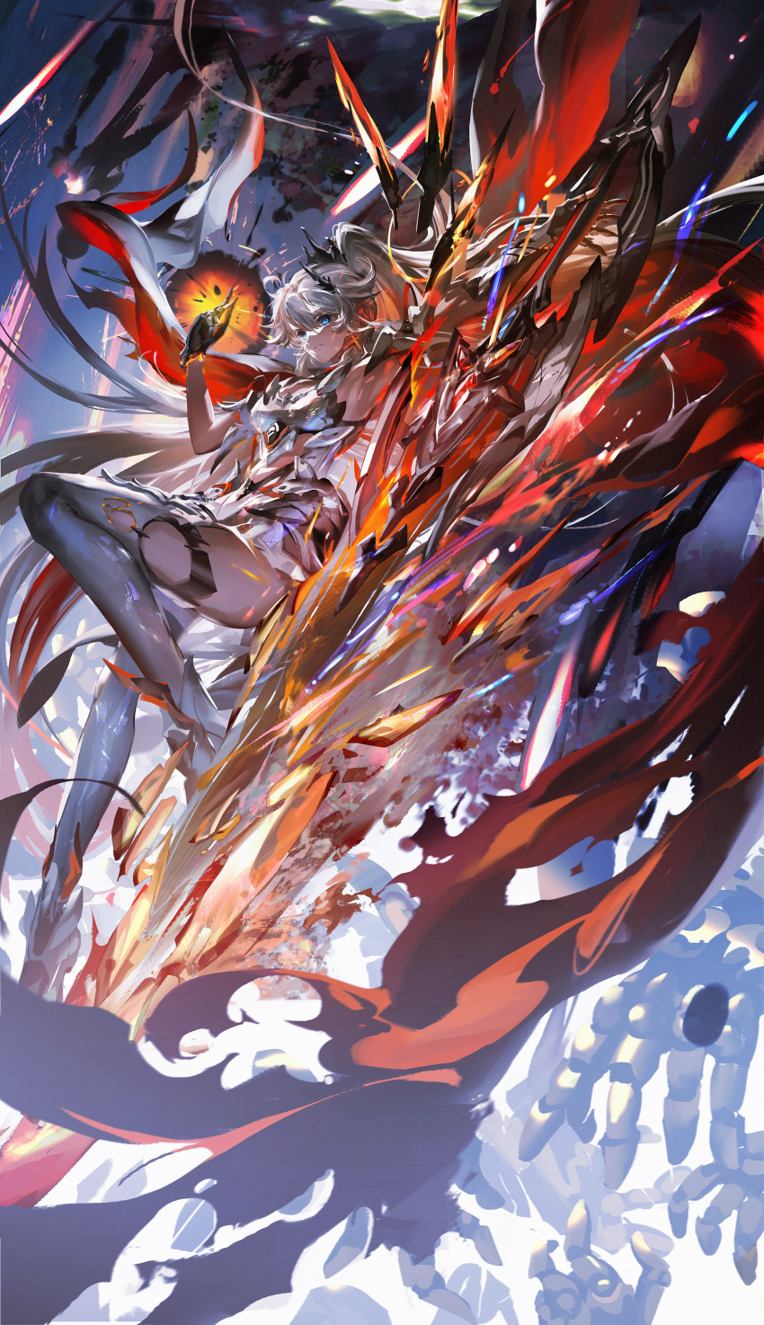 1girl absurdres ahoge armor armpits blue_eyes cape crown_hair_ornament earrings falling fire full_body gem greatsword highres holding holding_sword holding_weapon honkai_(series) honkai_impact_3rd jewelry kiana_kaslana kiana_kaslana_(herrscher_of_flamescion) light_particles long_hair looking_at_viewer multiple_hands pantyhose ponytail red_cape single_earring sky snapping_fingers stu_dts sword very_long_hair weapon white_armor white_hair white_pantyhose
