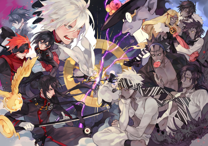 2girls 6+boys allen_walker angry barefoot black_hair black_order_uniform blonde_hair candy cloak commentary_request d.gray-man dark-skinned_male dark_skin devit everyone eyepatch fighting fighting_stance food from_side gloves grey_eyes hair_between_eyes hat head_scarf headband high_ponytail holding holding_sword holding_weapon jasdero kanda_yuu lavi lenalee_lee lero light_particles lollipop long_coat long_hair masa_ashe millennium_earl multiple_boys multiple_girls open_clothes open_mouth open_shirt pectoral_cleavage pectorals profile redhead road_kamelot short_hair skinn_bolic smile spiky_hair stitched_mouth stitches sword sword_clash teeth timcanpy tongue tongue_out top_hat tyki_mikk weapon white_cloak white_gloves white_hair yellow_eyes