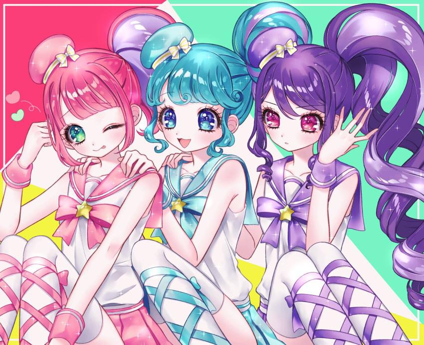 3girls ;p ao_(ao0_0nemu) bad_id bad_twitter_id blue_eyes blue_hair blue_hat blue_ribbon blue_sailor_collar blush closed_mouth commentary_request green_eyes hair_bun hand_on_another's_shoulder hand_up hat highres junon_(pripara) kanon_(pripara) knees_up long_hair looking_at_another looking_at_viewer mini_hat multicolored_hair multiple_girls neck_ribbon one_eye_closed open_mouth pink_hair pink_hat pink_ribbon pink_sailor_collar pink_skirt pinon_(pripara) pleated_skirt pretty_series pripara purple_hair purple_hat ribbon sailor_collar sailor_shirt shirt side_ponytail sidelocks single_side_bun sitting skirt smile star_(symbol) streaked_hair tehepero tongue tongue_out very_long_hair white_shirt wrist_cuffs