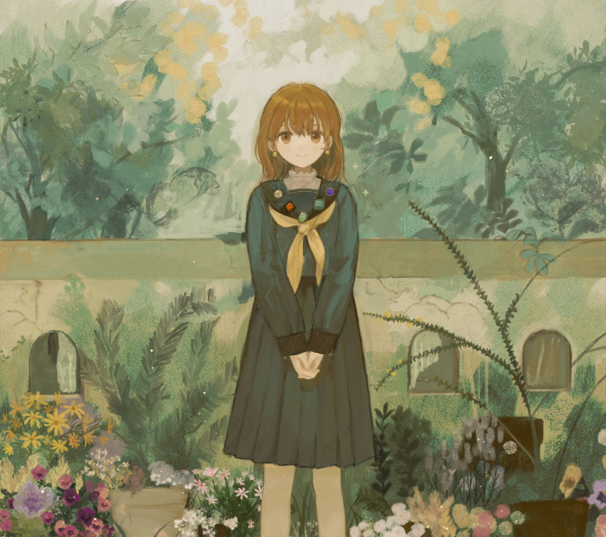 1girl badge blue_serafuku blue_shirt blue_skirt brown_eyes brown_hair button_badge chisato_charme closed_mouth day earrings feet_out_of_frame flower forest garden grass hair_between_eyes highres jewelry legs_apart long_hair long_sleeves looking_at_viewer nature neckerchief original outdoors own_hands_clasped own_hands_together plant pleated_skirt red_flower school_uniform serafuku shirt sidelocks skirt smile solo stone_wall straight-on tree yellow_flower yellow_neckerchief