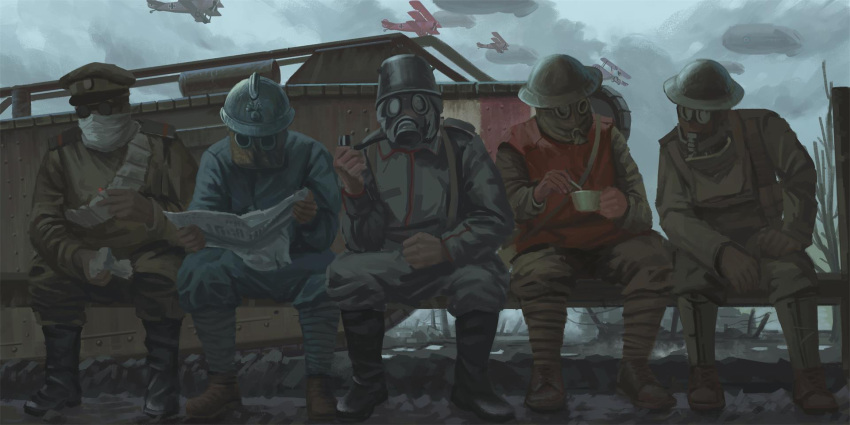 aircraft airplane ankle_boots bandolier bench biplane boots cigarette clouds cup dark dirigible gaiters gas_mask gloves goggles hat helmet highres holding holding_cup holding_newspaper mask military_uniform military_vehicle motor_vehicle newspaper original outdoors peaked_cap puttee reading shouhui_lang_qun sitting sky soldier tank teacup triplane uniform vest war world_war_i