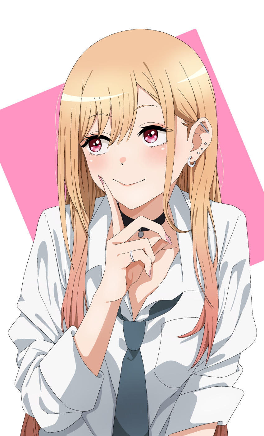 1girl absurdres black_choker blonde_hair blue_necktie choker closed_mouth collared_shirt ear_piercing earrings gradient_hair highres index_finger_raised jewelry kitagawa_marin knew_nothing multicolored_hair necktie piercing pink_eyes pink_hair shirt smile solo sono_bisque_doll_wa_koi_wo_suru white_shirt
