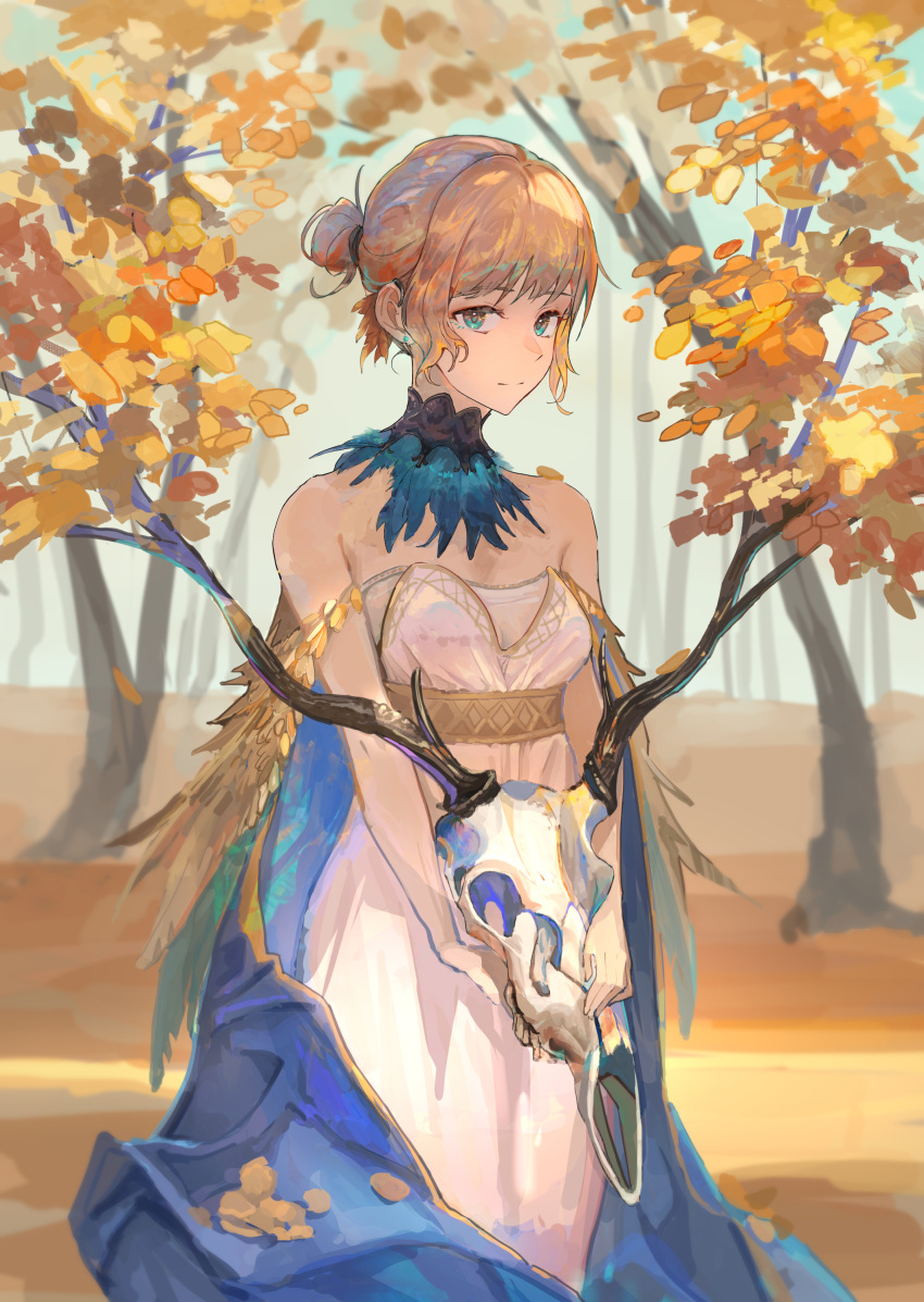 1girl absurdres autumn_leaves bare_shoulders blonde_hair blue_eyes breasts closed_mouth cowboy_shot deer_skull detached_collar dress earrings feather_hair_ornament feathers hair_ornament highres holding holding_skull jewelry kasumi_yuzuha looking_at_viewer original short_hair skull solo white_dress