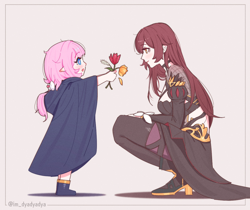 2girls :d aged_down black_footwear black_skirt black_thighhighs blue_eyes boots border breasts brown_hair child cloak closed_mouth dress dyadyadya eden_(honkai_impact) elf elysia_(honkai_impact) elysia_(miss_pink_elf)_(honkai_impact) flower from_side full_body high_heel_boots high_heels holding holding_flower honkai_(series) honkai_impact_3rd long_hair long_sleeves looking_at_another medium_breasts multiple_girls open_mouth pink_hair pointy_ears ponytail profile red_flower redhead simple_background skirt smile squatting standing thigh-highs twitter_username white_flower yellow_eyes yellow_flower