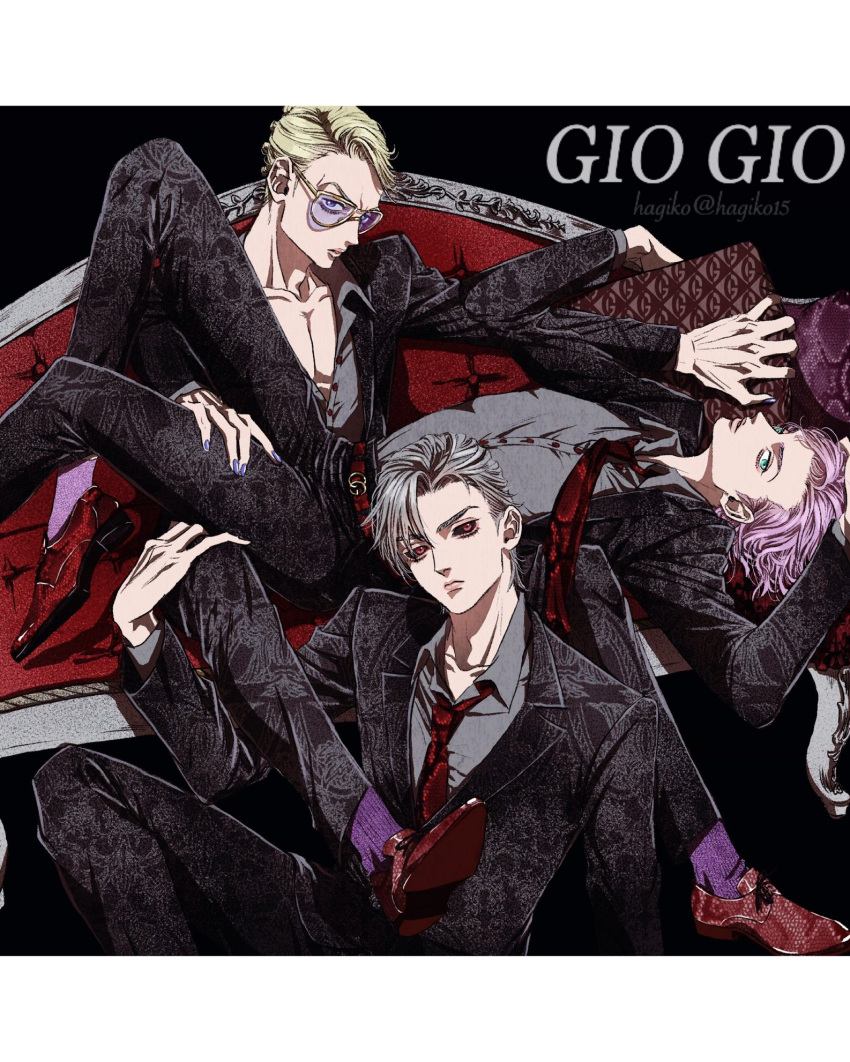 3boys artist_name belt black_background black_jacket black_pantyhose black_sclera black_suit blonde_hair blue_eyes collarbone collared_shirt colored_sclera couch dress_shirt eyelashes grey_hair grey_shirt hagiko15 hand_on_another's_leg highres jacket jojo_no_kimyou_na_bouken lips long_sleeves looking_at_viewer lying lying_on_person male_focus melone multiple_boys necktie on_back on_couch open_collar pantyhose partially_unbuttoned patterned_clothing pectorals pink_hair prosciutto purple-tinted_eyewear purple_nails purple_socks red_belt red_eyes red_necktie risotto_nero shirt shirt_tucked_in short_hair socks suit tinted_eyewear twitter_username vento_aureo