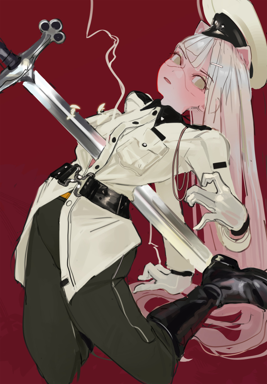 1girl absurdres animal_ears belt black_belt black_footwear boots cat_ears cat_girl green_eyes hat highres impaled jacket looking_at_viewer military_uniform original peaked_cap polilla red_background simple_background solo sword uniform weapon white_hair white_hat white_jacket