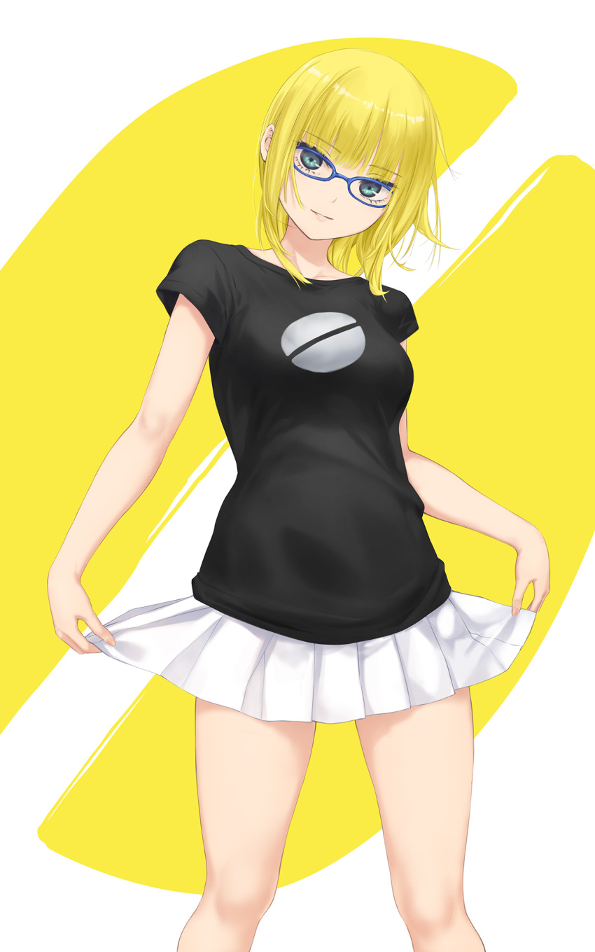 1girl black_shirt blonde_hair blue-framed_eyewear blue_eyes breasts closed_mouth coffee-kizoku commentary_request feet_out_of_frame glasses head_tilt highres looking_at_viewer original pleated_skirt shirt short_sleeves skirt skirt_hold small_breasts smile solo standing two-tone_background white_background white_skirt yellow_background