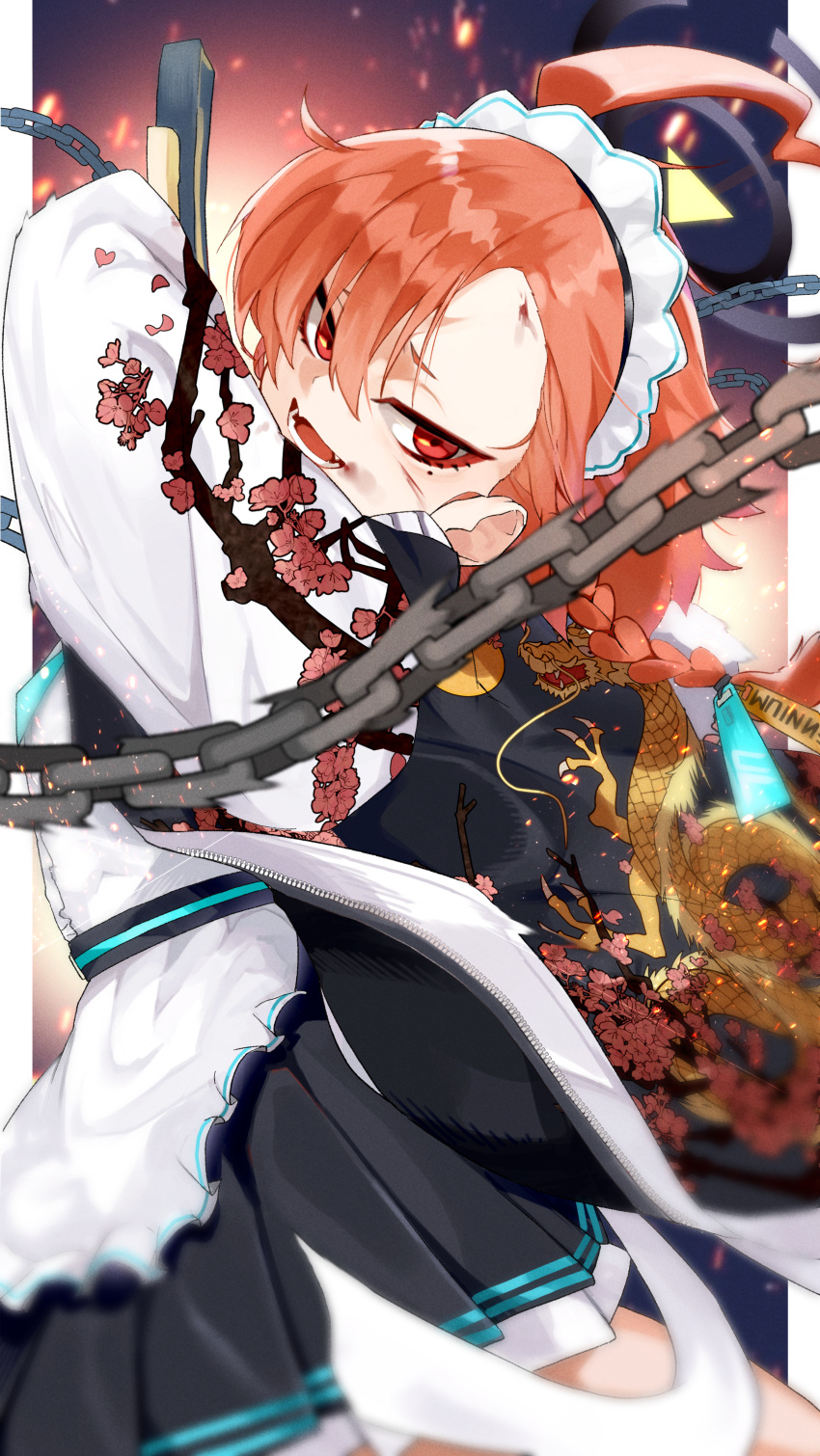 1girl absurdres ahoge apron black_dress blue_archive braid chain chankuro dress fang frilled_apron frills gun halo highres holding holding_gun holding_weapon huge_ahoge jacket long_hair long_sleeves looking_at_viewer maid maid_headdress neru_(blue_archive) open_mouth red_eyes redhead single_braid solo sukajan weapon white_apron