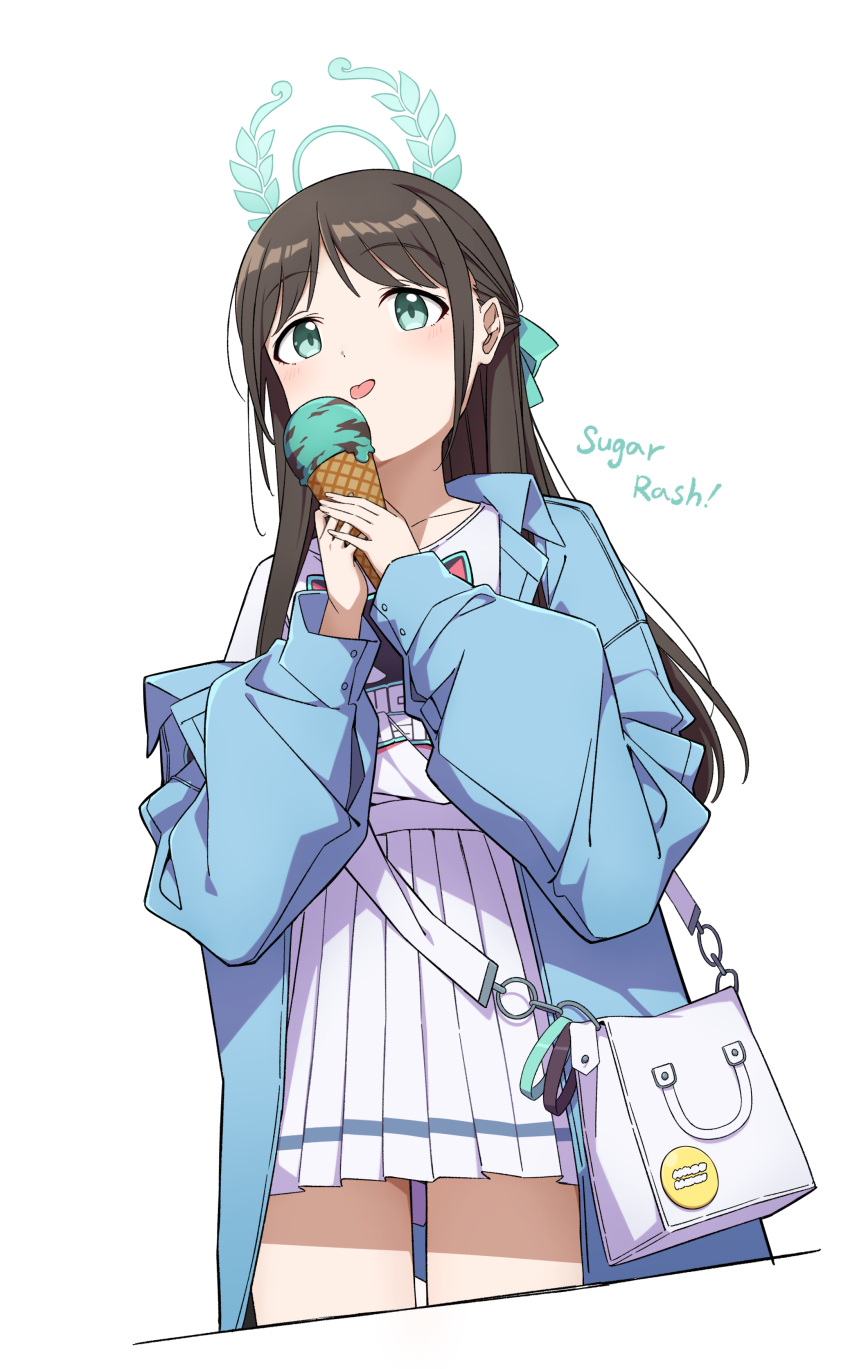 1-4daithi 1girl absurdres airi_(band)_(blue_archive) airi_(blue_archive) black_hair blue_archive blue_jacket blush cowboy_shot cropped_legs fingernails food green_eyes green_halo halo highres holding holding_food ice_cream jacket long_hair long_sleeves official_alternate_costume open_clothes open_jacket pleated_skirt shirt simple_background skirt solo tongue tongue_out white_background white_shirt white_skirt