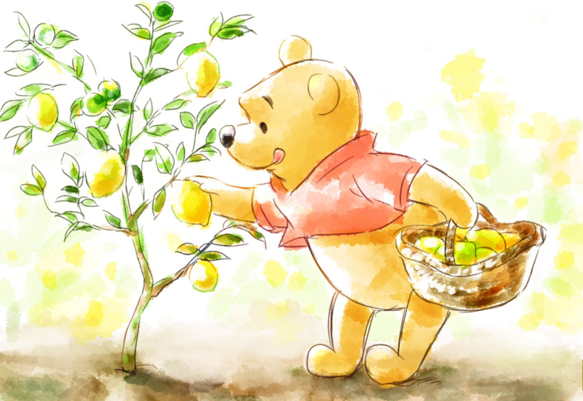 1boy basket bear black_eyes day food fruit furry highres holding holding_basket lemon licking_lips misoko outdoors pooh red_shirt shirt short_sleeves solo standing tongue tongue_out tree winnie_the_pooh