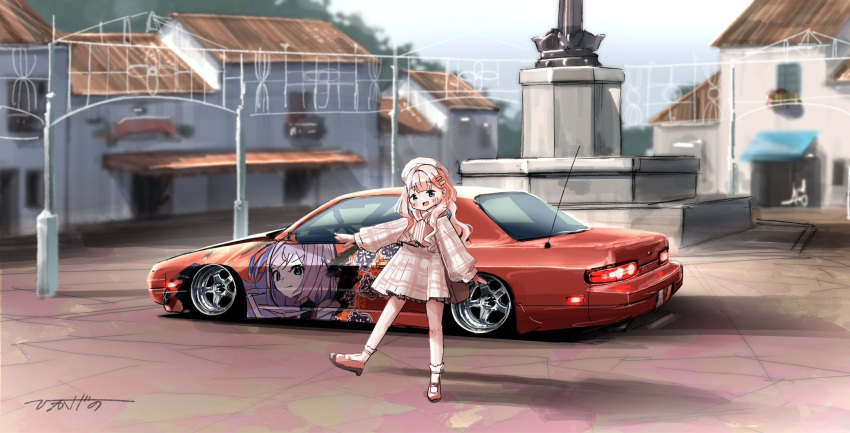 1girl beret blue_eyes dress hat head_tilt highres hikageno long_hair looking_at_viewer nijisanji nissan nissan_onevia nissan_s13_silvia nissan_silvia open_hand outdoors pink_dress pink_hair plaid plaid_dress radio_antenna red_car shadow signature solo suo_sango virtual_youtuber white_hat