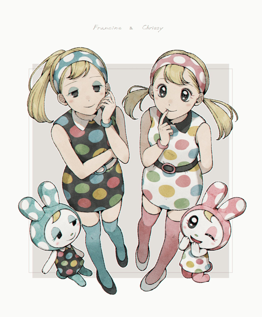 2girls ;d animal_crossing aqua_eyeshadow aqua_hairband aqua_nails aqua_thighhighs arm_behind_back belt belt_buckle black_belt black_dress black_eyes black_footwear blonde_hair blush border bracelet buckle character_name chrissy_(animal_crossing) closed_mouth collared_dress commentary_request creature_and_personification dress eyelashes eyeshadow finger_to_mouth fingernails francine_(animal_crossing) furry furry_female grey_background hairband hand_up highres index_finger_raised jewelry kaji_(oni_atat) long_hair looking_at_viewer makeup multiple_girls nail_polish one_eye_closed open_mouth outside_border personification pink_hairband pink_nails pink_thighhighs polka_dot polka_dot_dress polka_dot_hairband rabbit_girl shoes siblings simple_background sisters sleeveless sleeveless_dress smile swept_bangs thigh-highs twintails white_belt white_border white_dress white_footwear