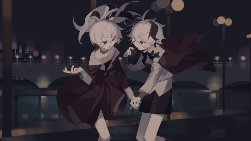 2girls :o black_cape black_choker black_dress black_hair black_nails black_ribbon black_skirt bridge can cape choker clone collared_dress collared_shirt dress drink_can eight-b flower_(vocaloid) flower_(vocaloid4) highres holding holding_can holding_hands holding_smoking_pipe lights looking_at_another multiple_girls open_mouth outdoors pleated_skirt ponytail ribbon shirt short_hair skirt smile smoking_pipe soda_can violet_eyes vocaloid water white_hair white_shirt