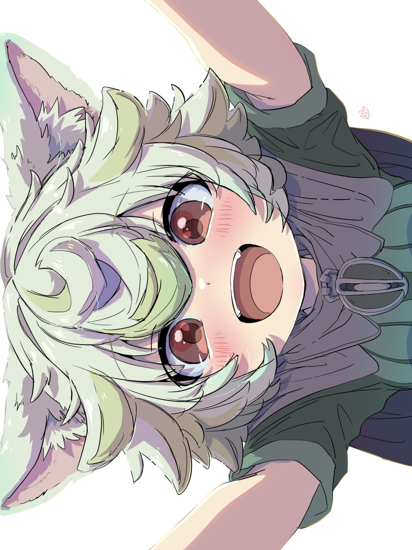 1girl absurdres animal_ear_fluff animal_ears blush cape cat_ears child flipped_hair green_brooch green_hair green_shirt grey_cape hair_between_eyes happy highres looking_at_viewer looking_down made_in_abyss open_mouth prushka red_eyes sekaineko_001 shirt short_hair solo teeth upper_teeth_only white_background