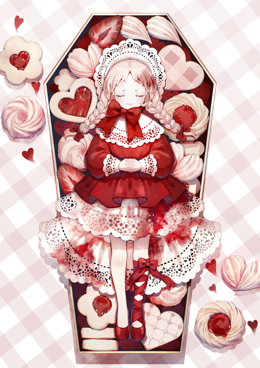1girl absurdres ambiguous_red_liquid bow box braid closed_eyes coffin commentary_request cookie dress food frilled_dress frills fruit full_body hair_bow heart heart-shaped_cookie highres hitoba in_box in_container interlocked_fingers jam lace-trimmed_dress lace_trim leg_ribbon long_hair long_sleeves lying on_back original red_bow red_dress red_footwear red_ribbon red_theme ribbon shoes solo straight-on strawberry strawberry_slice thumbprint_cookie twin_braids