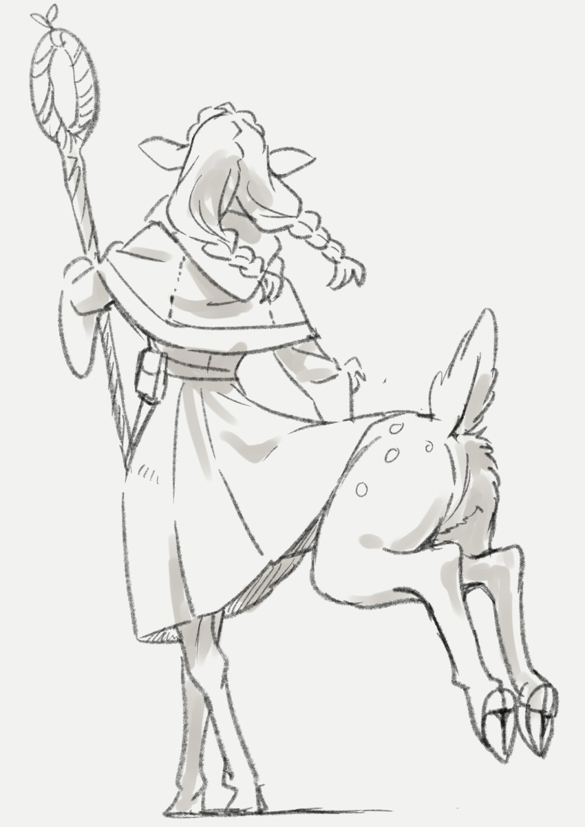 1girl absurdres braid capelet centauroid deer_girl deer_tail dungeon_meshi elf from_behind highres holding holding_staff hooves long_hair long_sleeves mado_cat02 marcille_donato monochrome monster_girl monsterification multiple_braids pointy_ears robe solo staff standing tail taur