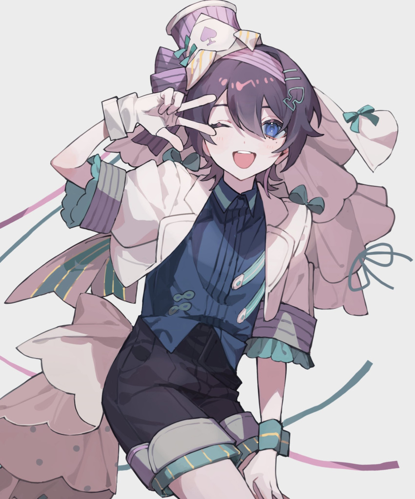 1boy ;d aegyo_sal bishounen blue_eyes blue_shirt brown_hair collared_shirt commission cowboy_shot double-parted_bangs dress_shirt fingerless_gloves frilled_cuffs gloves green_trim hair_between_eyes hair_ornament hairpin hand_on_own_thigh hand_up happy hat high-waist_shorts highres jacket leaning_forward legs_together looking_at_viewer medium_hair mini_hat mole mole_under_eye mtn one_eye_closed open_clothes open_jacket original pink_veil puffy_short_sleeves puffy_sleeves purple_hat ribbon shirt shirt_partially_tucked_in short-sleeved_jacket short_sleeves shorts simple_background single_hair_intake skeb_commission sleeve_cuffs smile solo standing teeth upper_teeth_only v veil white_background white_gloves white_jacket wing_collar